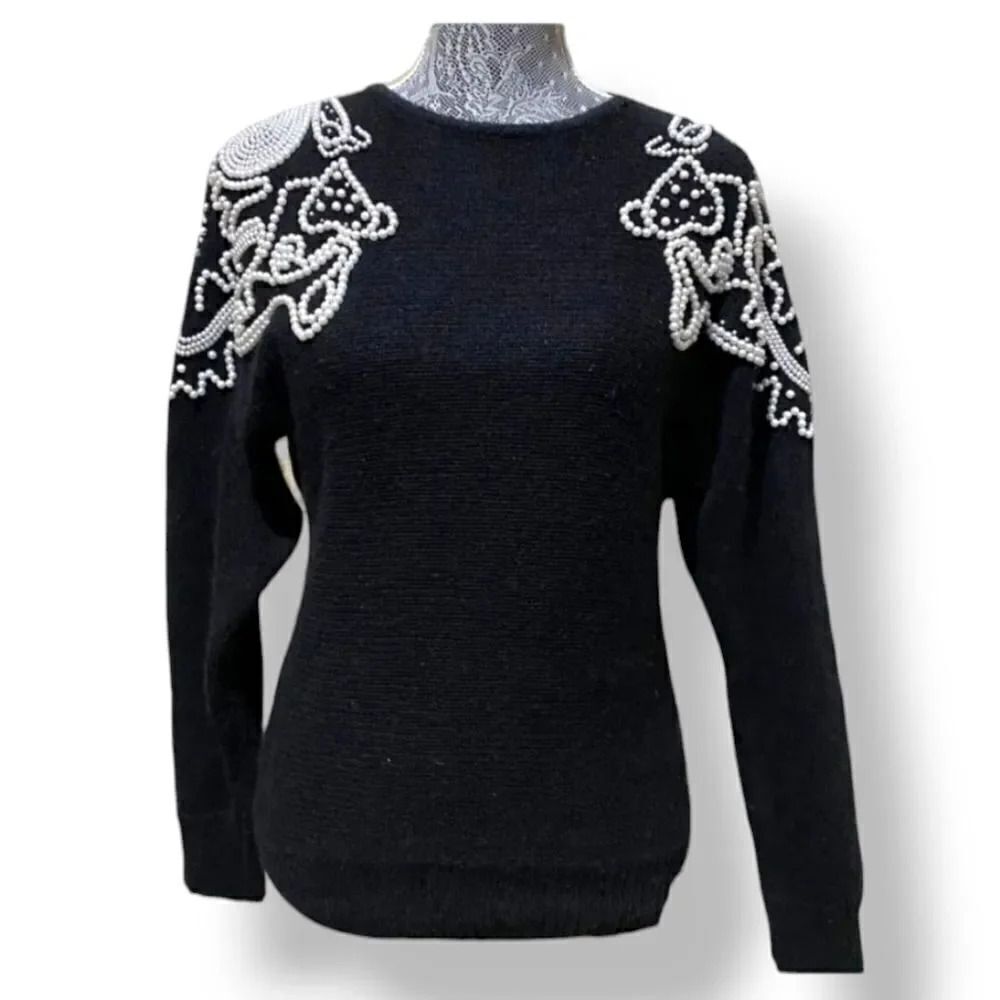 Vintage 80's Work In Progress Pearl Angora Wool Silk Blend Sweater in Black Med - Picture 3 of 10